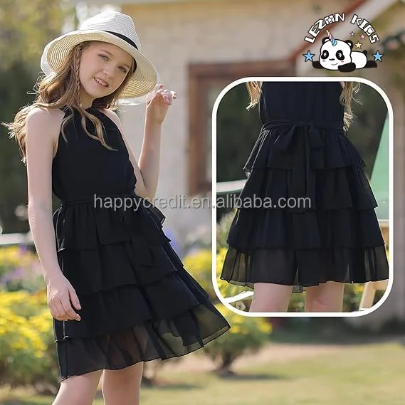 LEZONKIDS - Customizable Hot Sale Floral Ruffle Dress Halter Neck Kids Summer Chiffon Dress With Belt for Girls